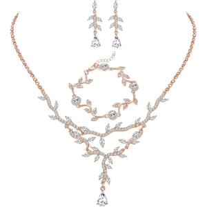 imageORAZIO Wedding Bridal Jewelry for Women Crystal Necklace Dangle Earrings Bracelet Sets For Bride Bridesmaids Rhinestone Prom Costume Jewelry Set for WomenBRose Gold
