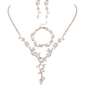 imageORAZIO Wedding Bridal Jewelry for Women Crystal Necklace Dangle Earrings Bracelet Sets For Bride Bridesmaids Rhinestone Prom Costume Jewelry Set for WomenCRose Gold
