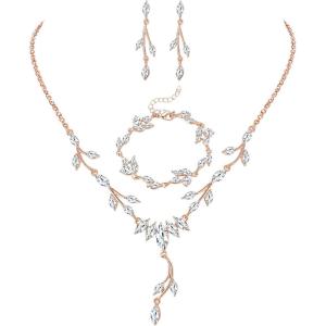imageORAZIO Wedding Bridal Jewelry for Women Crystal Necklace Dangle Earrings Bracelet Sets For Bride Bridesmaids Rhinestone Prom Costume Jewelry Set for WomenARose Gold