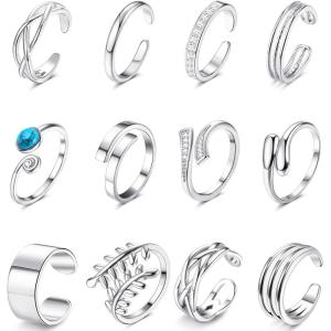 imageORAZIO 12 PCS Toe Rings for Women 14K Gold Plated Adjustable Toe Rings Cubic Zirconia Open Cuff Toe Ring Silver Band Tail Ring Set for Summer Beach Foot JewelrySilver Tone