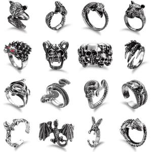 imageORAZIO 16Pcs Gothic Open Rings Set for Men Women Punk Adjustable Snake Dragon Claw Animal Rings Vintage Goth Skull Rings Indie Aesthetic16PCS Rings