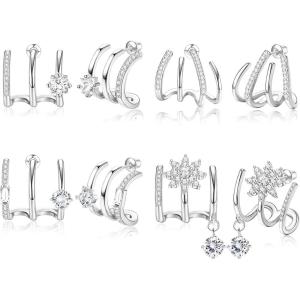 imageORAZIO 4 Pairs Claw Earrings for Women CZ Claw Earrings GoldSilver Stud Earrings Trendy Ear Wrap Piercing Minimalist Illusion Earrings Triple Hoop Earrings Flower Triple Huggie Stud Earrings Warp Cuff Earrings for WomenSilver Tone