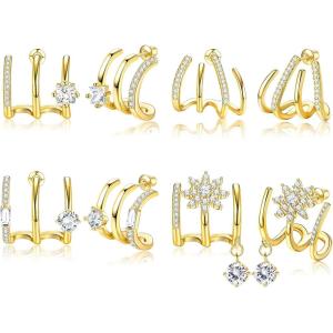 imageORAZIO 4 Pairs Claw Earrings for Women CZ Claw Earrings GoldSilver Stud Earrings Trendy Ear Wrap Piercing Minimalist Illusion Earrings Triple Hoop Earrings Flower Triple Huggie Stud Earrings Warp Cuff Earrings for WomenGold Tone