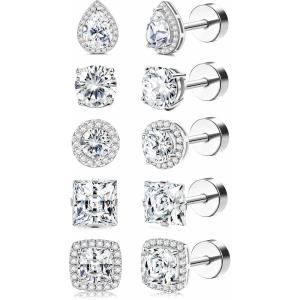 imageORAZIO 5 Pairs Flat Back Stud Earrings 20G18G Surgical Steel Cubic Zirconia Stud Earrings with Screw Backs for Women Square Teardrop Halo Earrings Studs Cartilage Ear Stud Piercing Flat Back Earrings GoldSilver ToneSilver Tone