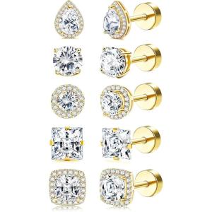 imageORAZIO 5 Pairs Flat Back Stud Earrings 20G18G Surgical Steel Cubic Zirconia Stud Earrings with Screw Backs for Women Square Teardrop Halo Earrings Studs Cartilage Ear Stud Piercing Flat Back Earrings GoldSilver ToneGold Tone
