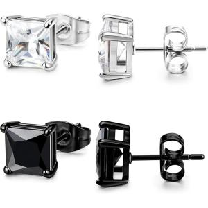 imageORAZIO Black Silver Earrings for MenStainless Steel Cubic Zirconia Earrings 20G Mens Earrings Hypoallergenic CZ Earrings Studs Trendy Square Earring Studs Set 48MM2 Pairs Cubic Zirconia Diameter6mm