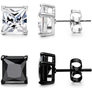 imageORAZIO Black Silver Earrings for MenStainless Steel Cubic Zirconia Earrings 20G Mens Earrings Hypoallergenic CZ Earrings Studs Trendy Square Earring Studs Set 48MM2 Pairs Cubic Zirconia Diameter8mm