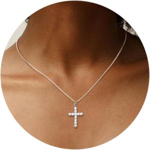 imageORAZIO Cross Necklace for Women 925 Sterling Silver Cross Necklace Tiny CZ SilverGold Cross Necklace Simple Box Chain Cross Pendant Choker NecklaceCubic Zirconia Cross Silver
