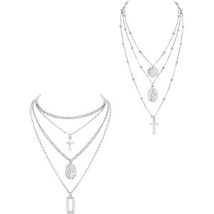 imageORAZIO Cross NecklaceLayered Necklaces for WomenDainty 14K Gold Silver Plated Cross PendantCrucifix Blessed Virgin Mary Pendant NecklaceFaith Religious JewelryB2PCS Silver Tone
