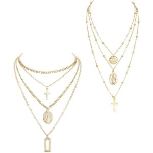 imageORAZIO Cross NecklaceLayered Necklaces for WomenDainty 14K Gold Silver Plated Cross PendantCrucifix Blessed Virgin Mary Pendant NecklaceFaith Religious JewelryA2PCS Gold Tone