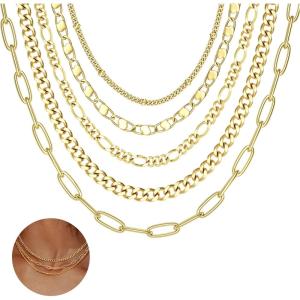 imageORAZIO Gold Layered Necklaces for Women 14k Gold Plated Herringbone Necklace Dainty Snake Paperclip Chain Layering Necklaces Gold Choker Necklace Jewelry SetFigaro Chain Layered