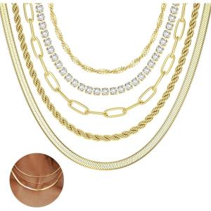 imageORAZIO Gold Layered Necklaces for Women 14k Gold Plated Herringbone Necklace Dainty Snake Paperclip Chain Layering Necklaces Gold Choker Necklace Jewelry SetHerringbone Chain Layered