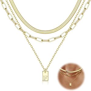 imageORAZIO Gold Layered Necklaces for Women Trendy 14K Gold Initial Necklace Personalized AZ Name Tag Pendant Letter Necklace Paperclip Snake Chain Layering Necklace Set Dainty Gold Jewelry Gifts14K GoldF