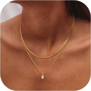 imageORAZIO Gold Necklaces for WomenLayered Gold Necklaces Non Tarnish14K Gold Plated Dainty Gold Necklace StackCuban Link Paperclip Chain Toggle Clasp Necklace Fashion Waterproof Gold Jewelry for Women2PcsHerringbone  Square CZ