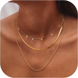 imageORAZIO Gold Necklaces for WomenLayered Gold Necklaces Non Tarnish14K Gold Plated Dainty Gold Necklace StackCuban Link Paperclip Chain Toggle Clasp Necklace Fashion Waterproof Gold Jewelry for Women3PcsHerringbone  Bead  CZ