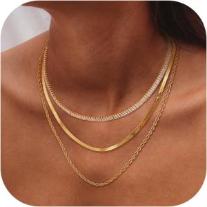 imageORAZIO Gold Necklaces for WomenLayered Gold Necklaces Non Tarnish14K Gold Plated Dainty Gold Necklace StackCuban Link Paperclip Chain Toggle Clasp Necklace Fashion Waterproof Gold Jewelry for Women3PcsHerringbone  Tennis  Twist