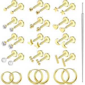 imageORAZIO Small Flat Back EarringsPush in Stud Earrings for Women MenHypoallergenic 14K Gold Plated Surgical Stainless Steel Threadless EarringFlatback Stud Hoop Cartilage Earring Set for Multiple Piercing14K Gold