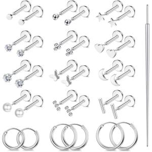 imageORAZIO Small Flat Back EarringsPush in Stud Earrings for Women MenHypoallergenic 14K Gold Plated Surgical Stainless Steel Threadless EarringFlatback Stud Hoop Cartilage Earring Set for Multiple PiercingSilver Tone