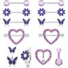 imageORAZIO 14G Nipple Rings for Women Surgical Steel Belly Button Ring Butterfly Daisy Flower Nipple Barbells CZ Heart Curved Navel Rings 12 PCS Nipple Piercings Jewelry SetPurple