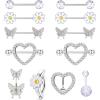 imageORAZIO 14G Nipple Rings for Women Surgical Steel Belly Button Ring Butterfly Daisy Flower Nipple Barbells CZ Heart Curved Navel Rings 12 PCS Nipple Piercings Jewelry SetSilver Tone
