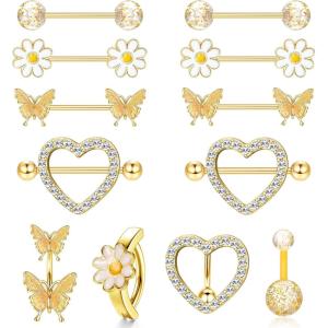 imageORAZIO 14G Nipple Rings for Women Surgical Steel Belly Button Ring Butterfly Daisy Flower Nipple Barbells CZ Heart Curved Navel Rings 12 PCS Nipple Piercings Jewelry SetGold Tone
