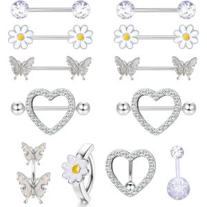 imageORAZIO 14G Nipple Rings for Women Surgical Steel Belly Button Ring Butterfly Daisy Flower Nipple Barbells CZ Heart Curved Navel Rings 12 PCS Nipple Piercings Jewelry SetSilver Tone
