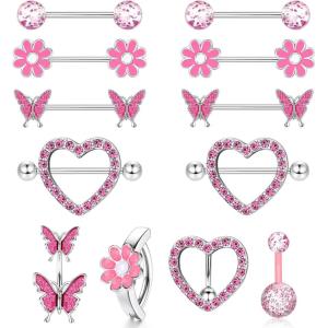 imageORAZIO 14G Nipple Rings for Women Surgical Steel Belly Button Ring Butterfly Daisy Flower Nipple Barbells CZ Heart Curved Navel Rings 12 PCS Nipple Piercings Jewelry SetPink