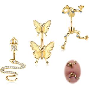 imageORAZIO 3 Pcs Belly Button Ring 14G Belly Piercing For Women 316L Surgical Stainless Steel Butterfly Snake Frog Cute Navel Belly Rings For Women PiercingsGold Tone