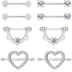 imageORAZIO 4 Pairs 14G Stainless Steel Nipplerings Nipple Tongue Rings CZ Opal Barbell Body Piercing JewelryC4 Pairs Silver Tone