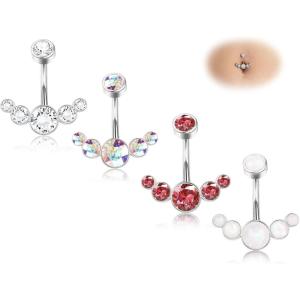 imageORAZIO 4Pcs Belly Button Ring 14G Belly Rings Stainless Steel Barbell Belly Rings For Women Simple Long Bar Belly Button Rings CZ Belly Button Piercing Gold Silver Rose Gold Reverse Navel Rings Body Piercing JewelrySilver