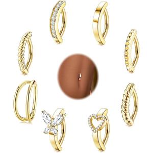 imageORAZIO 8Pcs Belly Button Ring Surgical Steel 14G Clicker Belly Rings for Women CZ Heart Butterfly Belly Button Piercing Simple Reverse Navel Barbell Rings Body Piercing JewelryGold10mm
