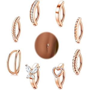 imageORAZIO 8Pcs Belly Button Ring Surgical Steel 14G Clicker Belly Rings for Women CZ Heart Butterfly Belly Button Piercing Simple Reverse Navel Barbell Rings Body Piercing JewelryRose Gold12mm