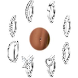 imageORAZIO 8Pcs Belly Button Ring Surgical Steel 14G Clicker Belly Rings for Women CZ Heart Butterfly Belly Button Piercing Simple Reverse Navel Barbell Rings Body Piercing JewelrySilver10mm