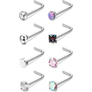 imageORAZIO 8Pcs G23 Titanium Nose Ring Studs 20G L Shaped Nose Studs for Women Tiny Nose Rings Multicolored CZ Titanium Nose Stud L Shaped Simple Silver Nostril Piercing Cute Nose Piercing Jewerly for Women MenMix Colors CZ