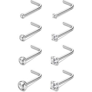 imageORAZIO 8Pcs G23 Titanium Nose Ring Studs 20G L Shaped Nose Studs for Women Tiny Nose Rings Multicolored CZ Titanium Nose Stud L Shaped Simple Silver Nostril Piercing Cute Nose Piercing Jewerly for Women MenRound CZSquare CZ