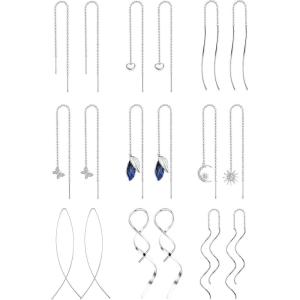 imageORAZIO 9 Pairs Threader Earrings for Women Stainless Steel Chain Tassel Earrings Lightweight Double Twist Wave Heart Moon Leaf Threader Dangle Drop Earrings Minimalist Long Chain Earrings SetSilver Tone