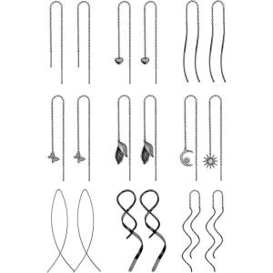 imageORAZIO 9 Pairs Threader Earrings for Women Stainless Steel Chain Tassel Earrings Lightweight Double Twist Wave Heart Moon Leaf Threader Dangle Drop Earrings Minimalist Long Chain Earrings SetBlack