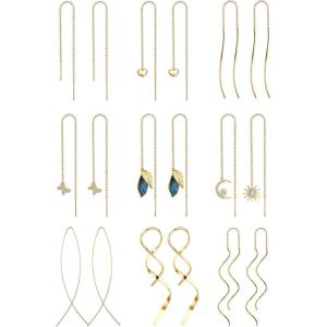 imageORAZIO 9 Pairs Threader Earrings for Women Stainless Steel Chain Tassel Earrings Lightweight Double Twist Wave Heart Moon Leaf Threader Dangle Drop Earrings Minimalist Long Chain Earrings SetGold Tone
