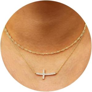 imageORAZIO Cross Necklace for Women  14K Gold Plated Layered Cross Necklace Cute CZ Cross Pendant Necklaces Dainty Sideways Cross Choker Necklaces Minimalist Twisted Chain Necklace Small Cross Layering Necklace SetCZ Sideways CrossLeft14K Gold