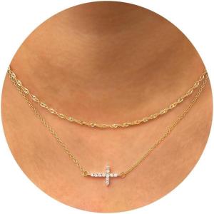 imageORAZIO Cross Necklace for Women  14K Gold Plated Layered Cross Necklace Cute CZ Cross Pendant Necklaces Dainty Sideways Cross Choker Necklaces Minimalist Twisted Chain Necklace Small Cross Layering Necklace SetCZ Sideways CrossRight14K Gold