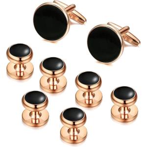 imageORAZIO Cuff Links Mens Stainless Steel Cuff Links and Studs Set Gold Black Cufflinks for Men Tuxedo Studs Buttons for Formal Kit Business or Wedding ShirtsC Rose Goldtone