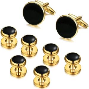 imageORAZIO Cuff Links Mens Stainless Steel Cuff Links and Studs Set Gold Black Cufflinks for Men Tuxedo Studs Buttons for Formal Kit Business or Wedding ShirtsA Gold