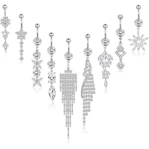 imageORAZIO Dangle Belly Button Rings for Women 14G Stainless Steel CZ Navel Rings Belly Rings Belly Piercing