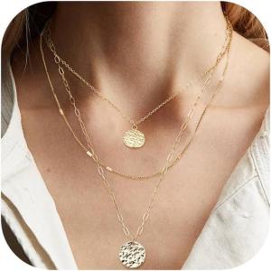 imageORAZIO Gold Necklaces for WomenDainty Layered Choker Necklace14K Gold Plated Pendant Necklace Multilayer DiscBarPearls NecklacesAdjustable Layering Choker Necklaces for WomenCoin