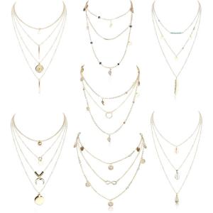 imageORAZIO Layered Necklace for Women Star Ball Horn Infinity Leaf Bead Feather Shell Circle Bar Coin Pendant Necklace Chain Jewelry ageover 3 years oldGold Tone