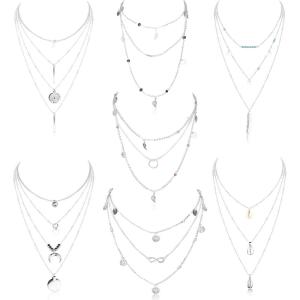 imageORAZIO Layered Necklace for Women Star Ball Horn Infinity Leaf Bead Feather Shell Circle Bar Coin Pendant Necklace Chain Jewelry ageover 3 years oldSilver Tone