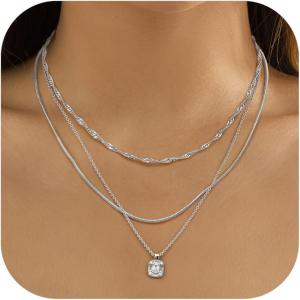 imageORAZIO Layered Necklaces for Women14K Gold PlatedSilver Stacked Necklaces for WomenDainty Pearl Paper Clip Chain Pendant Choker Necklace Set Cute CZ Stackable Womens Necklaces Trendy Gold Y Necklace Jewelry Set GiftSilver