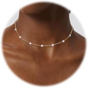 imageORAZIO Pearl Necklaces for Women 14K Gold Plated Layered Pearls Choker Necklace Dainty Freshwater Pearl Pendant Necklace Gold Necklace with Pearl Jewelry Gift for WomenSatellite Pearl NecklaceGold