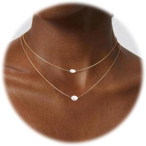 imageORAZIO Pearl Necklaces for Women 14K Gold Plated Layered Pearls Choker Necklace Dainty Freshwater Pearl Pendant Necklace Gold Necklace with Pearl Jewelry Gift for WomenDouble Pearl NecklaceGold