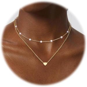 imageORAZIO Pearl Necklaces for Women 14K Gold Plated Layered Pearls Choker Necklace Dainty Freshwater Pearl Pendant Necklace Gold Necklace with Pearl Jewelry Gift for WomenHeart Satellite PearlGold